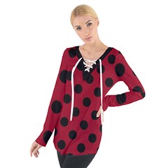 Polka Dots Black On Carmine Red Tie Up Tee by FashionBoulevard