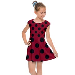 Polka Dots Black On Carmine Red Kids  Cap Sleeve Dress by FashionBoulevard