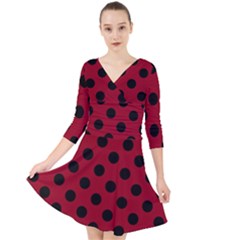 Polka Dots Black On Carmine Red Quarter Sleeve Front Wrap Dress by FashionBoulevard