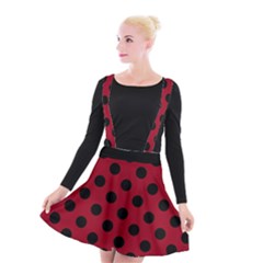 Polka Dots Black On Carmine Red Suspender Skater Skirt by FashionBoulevard