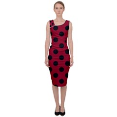 Polka Dots Black On Carmine Red Sleeveless Pencil Dress by FashionBoulevard