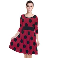 Polka Dots Black On Carmine Red Quarter Sleeve Waist Band Dress by FashionBoulevard