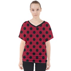 Polka Dots Black On Carmine Red V-neck Dolman Drape Top by FashionBoulevard