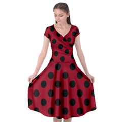 Polka Dots Black On Carmine Red Cap Sleeve Wrap Front Dress by FashionBoulevard