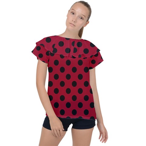 Polka Dots Black On Carmine Red Ruffle Collar Chiffon Blouse by FashionBoulevard