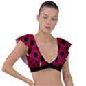 Polka Dots Black On Carmine Red Plunge Frill Sleeve Bikini Top View1