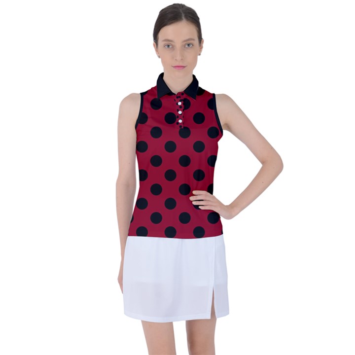 Polka Dots Black On Carmine Red Women s Sleeveless Polo Tee