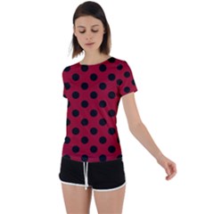 Polka Dots Black On Carmine Red Back Circle Cutout Sports Tee by FashionBoulevard