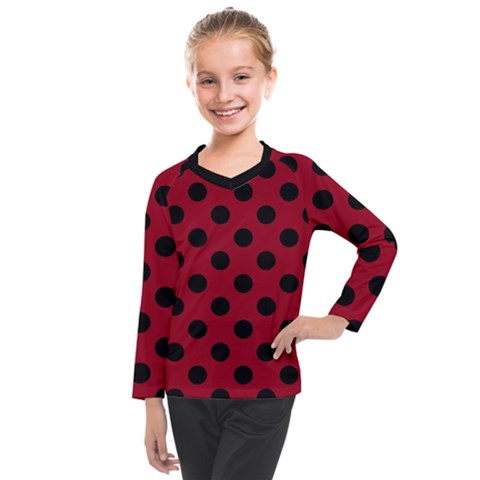 Polka Dots Black On Carmine Red Kids  Long Mesh Tee by FashionBoulevard