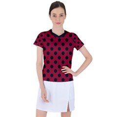 Polka Dots Black On Carmine Red Women s Sports Top by FashionBoulevard