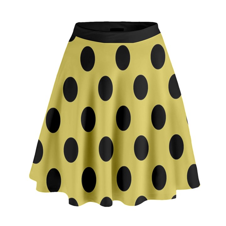 Polka Dots Black On Ceylon Yellow High Waist Skirt