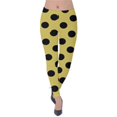 Polka Dots Black On Ceylon Yellow Velvet Leggings by FashionBoulevard