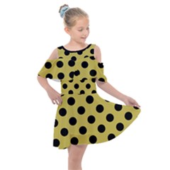 Polka Dots Black On Ceylon Yellow Kids  Shoulder Cutout Chiffon Dress by FashionBoulevard