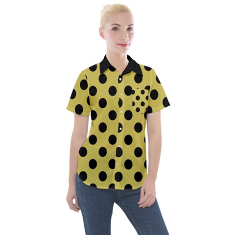 Polka Dots Black On Ceylon Yellow Women s Short Sleeve Pocket Shirt by FashionBoulevard