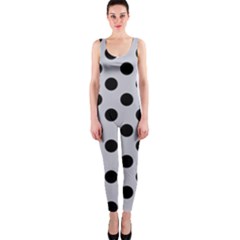 Polka Dots Black On Cloudy Grey One Piece Catsuit by FashionBoulevard