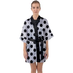 Polka Dots Black On Cloudy Grey Half Sleeve Satin Kimono  by FashionBoulevard