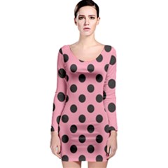 Polka Dots Black On Flamingo Pink Long Sleeve Bodycon Dress by FashionBoulevard