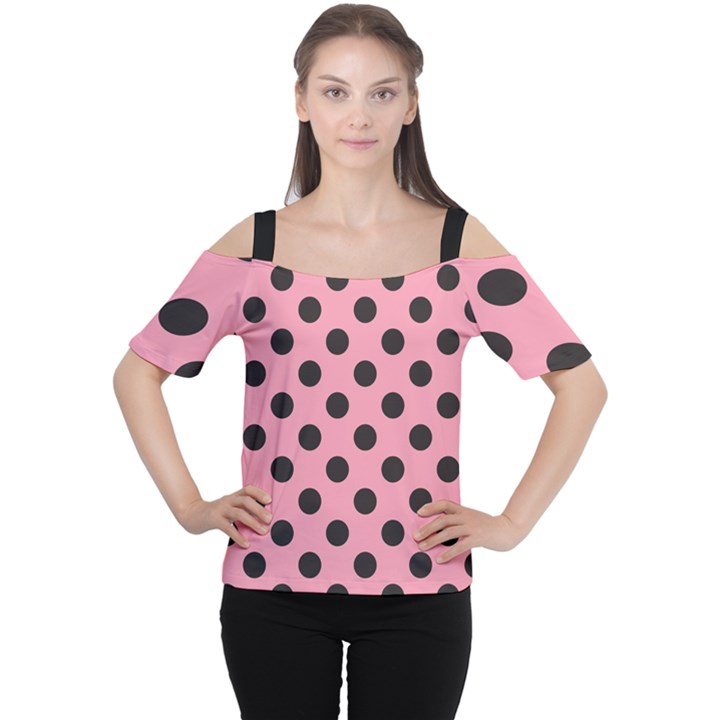 Polka Dots Black On Flamingo Pink Cutout Shoulder Tee