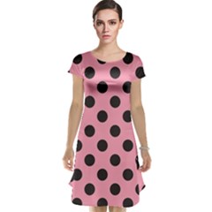 Polka Dots Black On Flamingo Pink Cap Sleeve Nightdress by FashionBoulevard