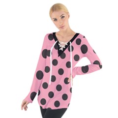 Polka Dots Black On Flamingo Pink Tie Up Tee by FashionBoulevard