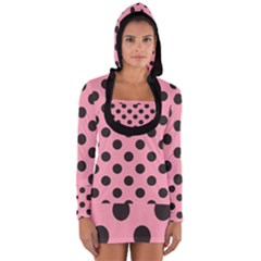 Polka Dots Black On Flamingo Pink Long Sleeve Hooded T-shirt by FashionBoulevard