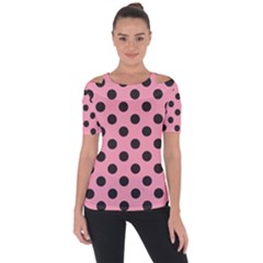 Polka Dots Black On Flamingo Pink Shoulder Cut Out Short Sleeve Top by FashionBoulevard