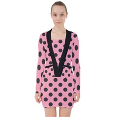 Polka Dots Black On Flamingo Pink V-neck Bodycon Long Sleeve Dress by FashionBoulevard