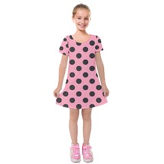 Polka Dots Black On Flamingo Pink Kids  Short Sleeve Velvet Dress by FashionBoulevard