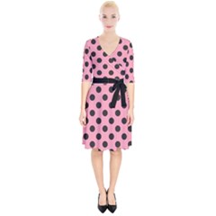 Polka Dots Black On Flamingo Pink Wrap Up Cocktail Dress by FashionBoulevard