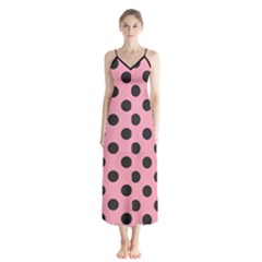 Polka Dots Black On Flamingo Pink Button Up Chiffon Maxi Dress by FashionBoulevard