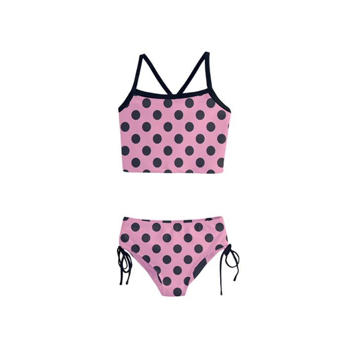 Polka Dots Black On Flamingo Pink Girls  Tankini Swimsuit