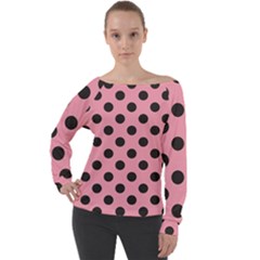 Polka Dots Black On Flamingo Pink Off Shoulder Long Sleeve Velour Top by FashionBoulevard