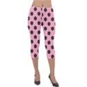 Polka Dots Black On Flamingo Pink Lightweight Velour Capri Leggings  View1