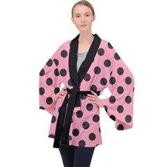 Polka Dots Black On Flamingo Pink Long Sleeve Velvet Kimono  by FashionBoulevard