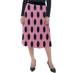 Polka Dots Black On Flamingo Pink Classic Velour Midi Skirt  by FashionBoulevard