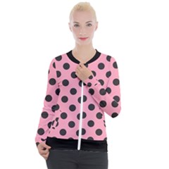 Polka Dots Black On Flamingo Pink Casual Zip Up Jacket by FashionBoulevard