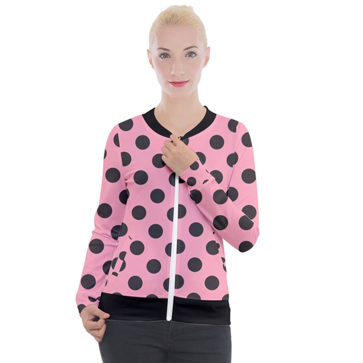 Polka Dots Black On Flamingo Pink Casual Zip Up Jacket