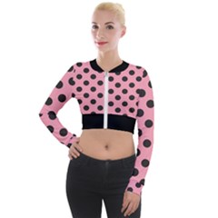 Polka Dots Black On Flamingo Pink Long Sleeve Cropped Velvet Jacket by FashionBoulevard