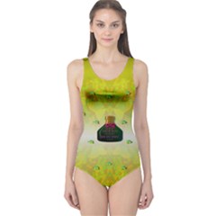 Birds And Sunshine With A Big Bottle Peace And Love One Piece Swimsuit by pepitasart