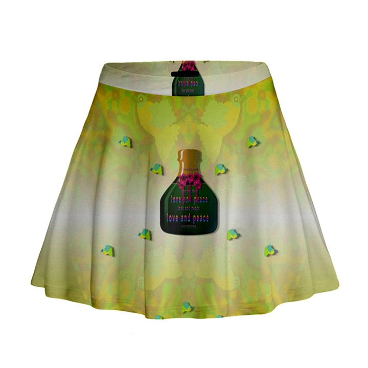 Birds And Sunshine With A Big Bottle Peace And Love Mini Flare Skirt