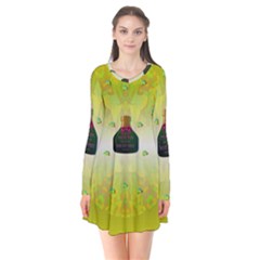 Birds And Sunshine With A Big Bottle Peace And Love Long Sleeve V-neck Flare Dress by pepitasart