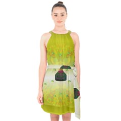 Birds And Sunshine With A Big Bottle Peace And Love Halter Collar Waist Tie Chiffon Dress by pepitasart