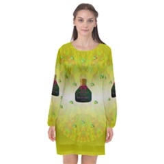 Birds And Sunshine With A Big Bottle Peace And Love Long Sleeve Chiffon Shift Dress  by pepitasart