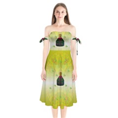 Birds And Sunshine With A Big Bottle Peace And Love Shoulder Tie Bardot Midi Dress by pepitasart