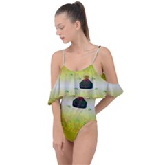 Birds And Sunshine With A Big Bottle Peace And Love Drape Piece Swimsuit by pepitasart