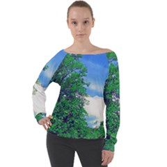 Drawing Of A Summer Day Off Shoulder Long Sleeve Velour Top