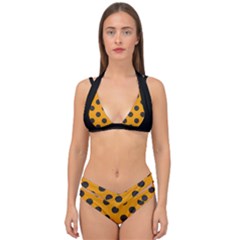 Polka Dots Black On Honey Orange Double Strap Halter Bikini Set