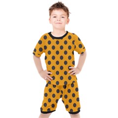 Polka Dots Black On Honey Orange Kids  Tee And Shorts Set by FashionBoulevard