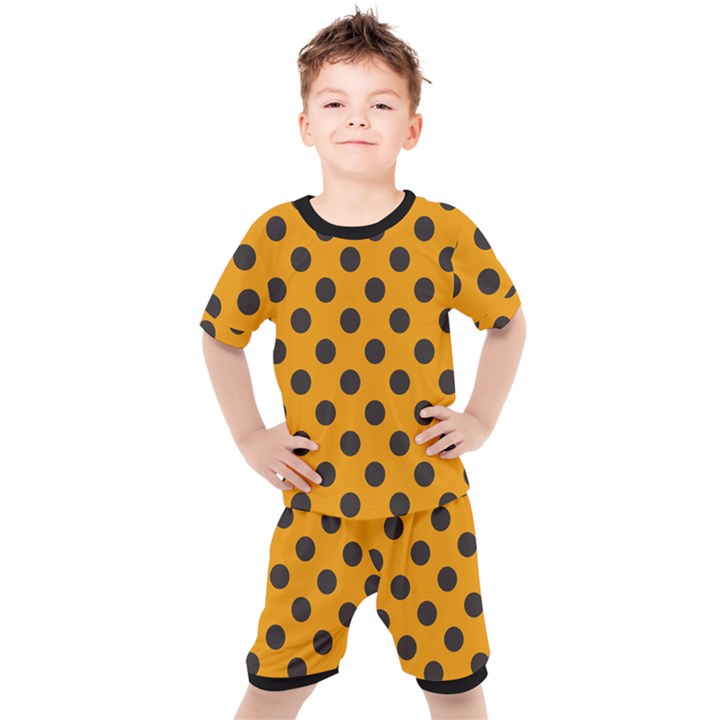 Polka Dots Black On Honey Orange Kids  Tee and Shorts Set