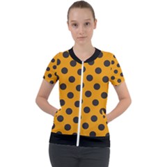 Polka Dots Black On Honey Orange Short Sleeve Zip Up Jacket by FashionBoulevard